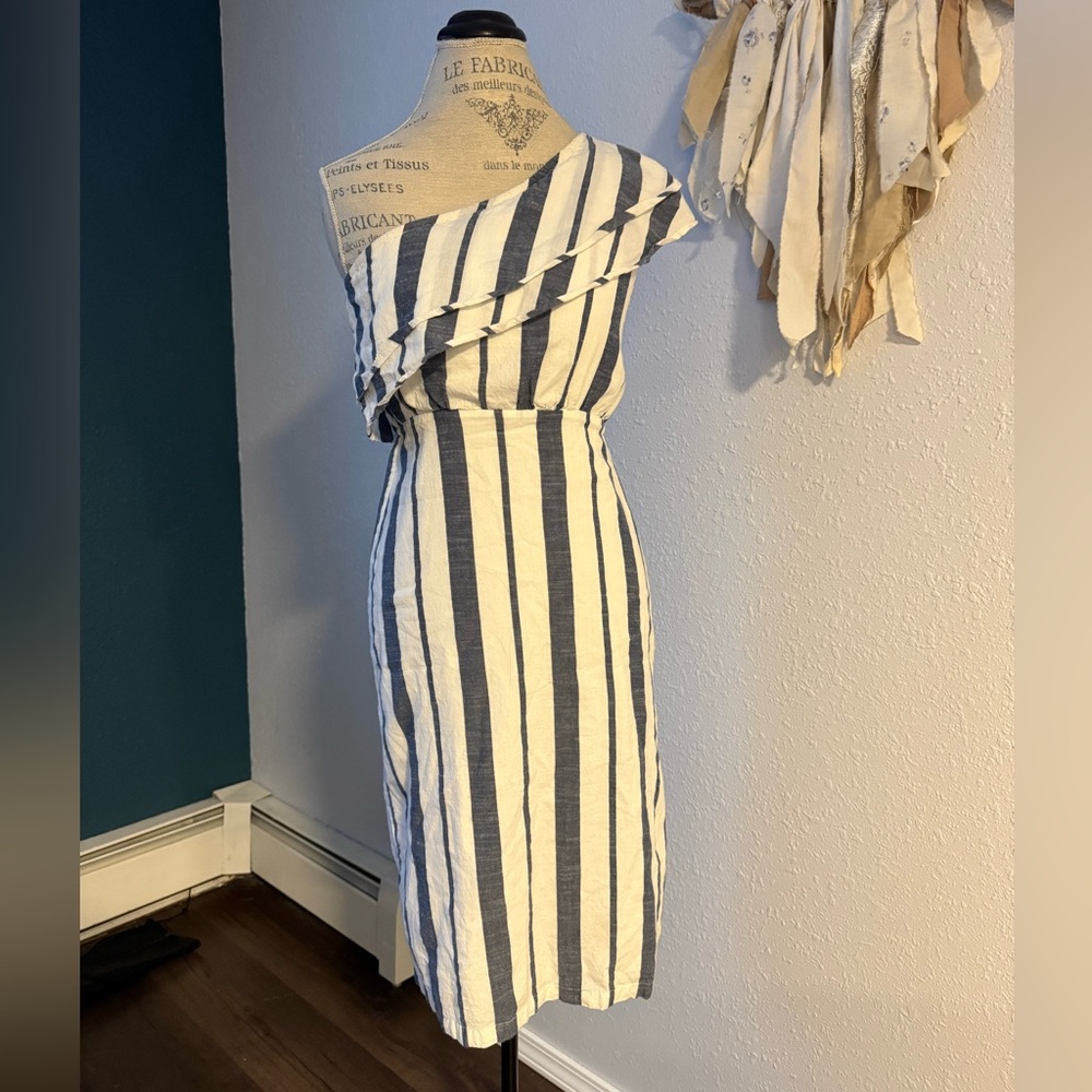 Anthropologie WORN One-Shoulder Striped Dress | 4 | Linen Blend Summer Dress